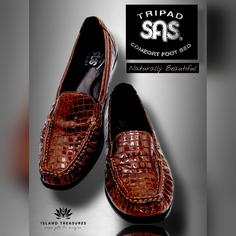 SAS Joy Women's Sz 8.5N Crocodile Pattern Cognac Brown Tripad® Technology Loafer